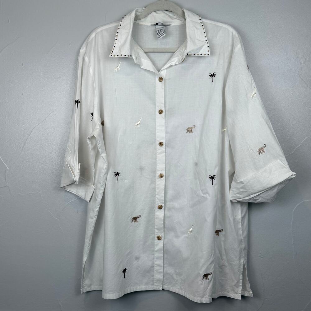Vintage Safari Shirt 2X | Stonebridge Embroidered Animals & Beaded Collar